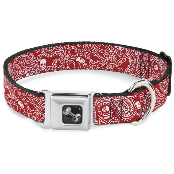 Buckle-Down Pet Collar, Dog Collar Metal Seatbelt Buckle, Bandana Skulls Red White, 9.5 to 13 Inches 1.0 Inch Wide