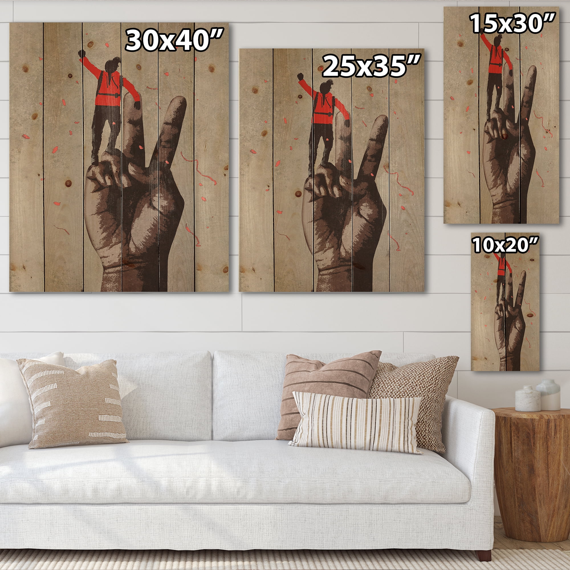 Designart 'Man With Arm Raised On Victory Sign' Modern Print on Natural Pine Wood