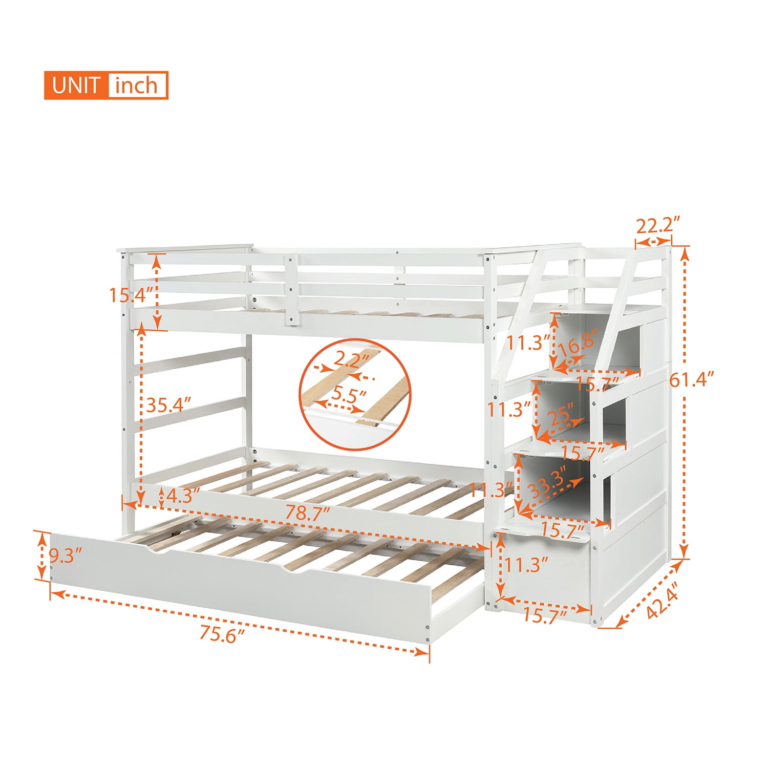 Lowestbest Solid Wood Twin-Over-Twin Bunk Bedd with Twin Size Trundle and 3 Storage Stairs - White