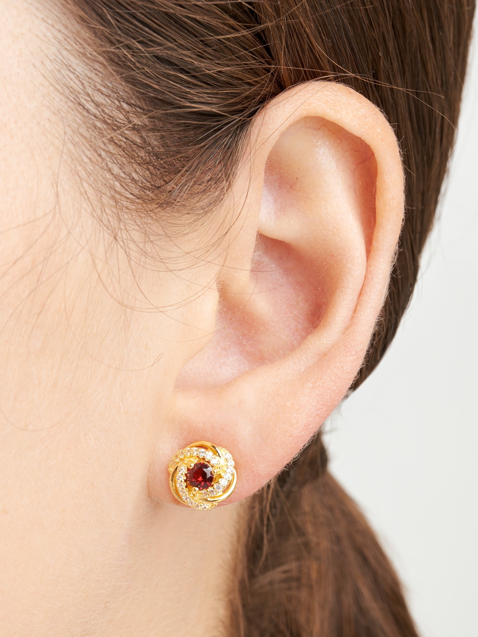 18K Yellow Gold Plated Sterling Silver Created Ruby July Birthstone Love Knot Stud Earrings for Women Gift for Her