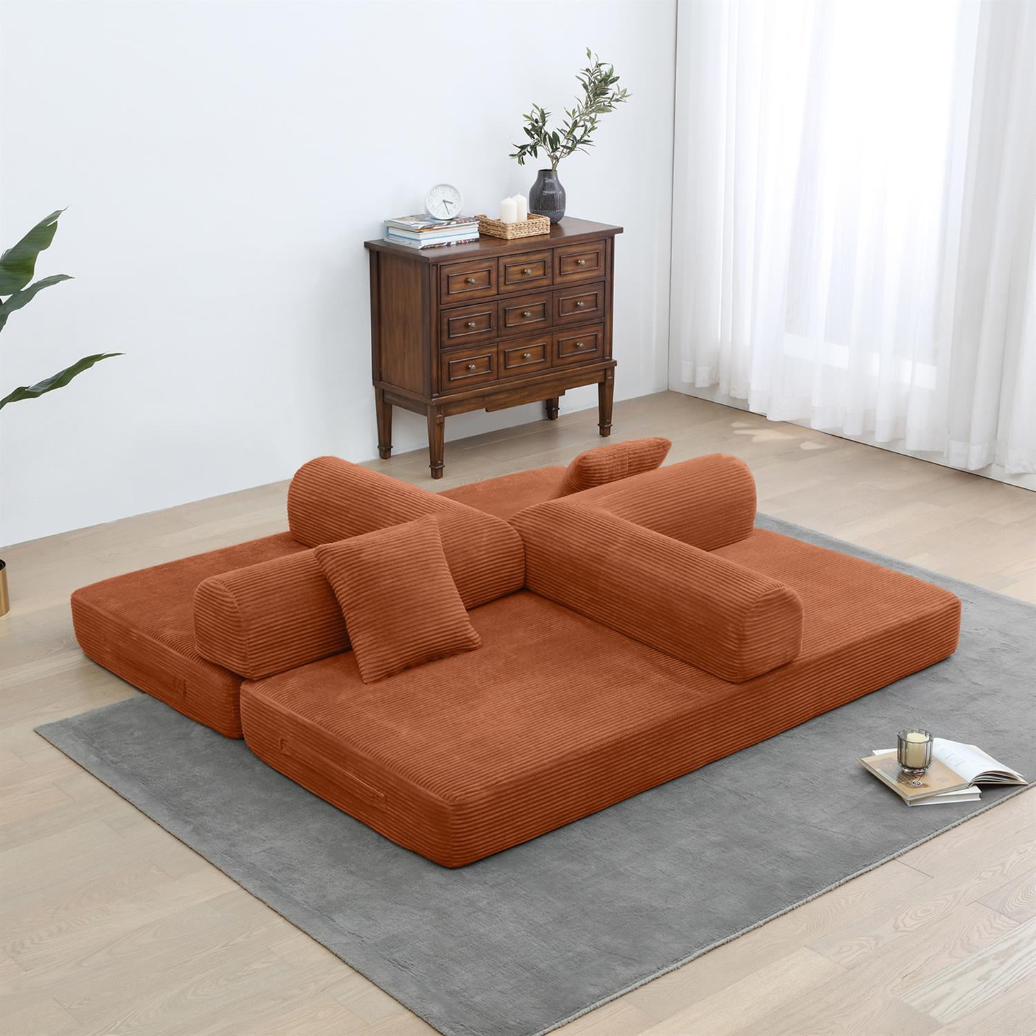 Demi Bonn 77" Convertible Sleeper Sofa Bed, Corduroy Foldable Mattress Couch with Cylindrical Pillow & Fixed Frame for Living Room, Bedroom, Orange