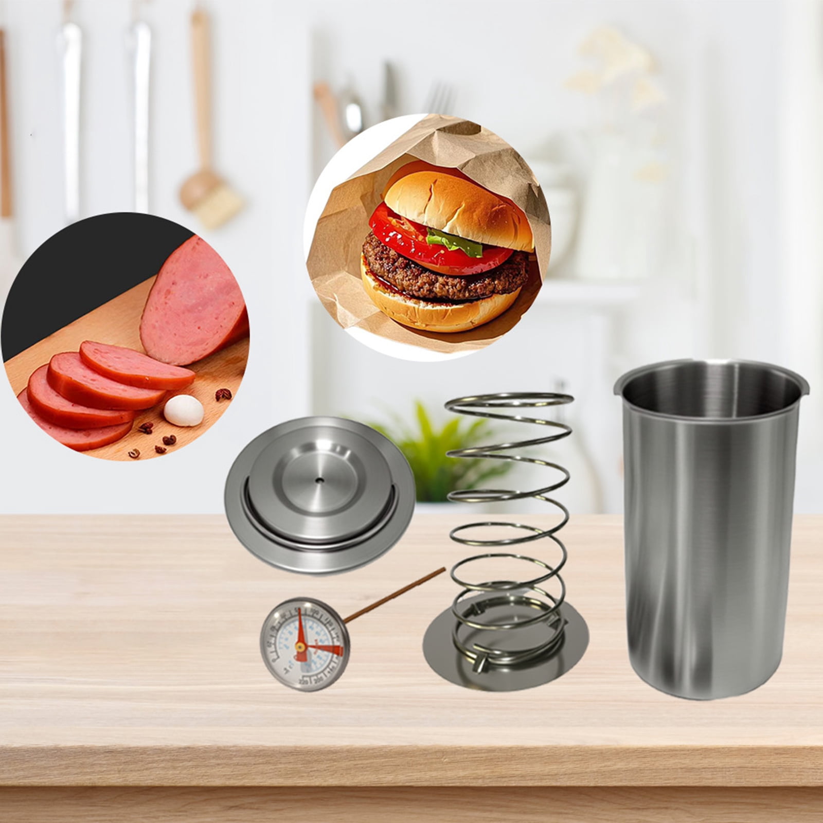Hearthoom Ham Meat Press Maker with Thermometer, Stainless Steel Maker Machine Gourmet Cooking Tools, Round Shape Meat Press Maker Machine, Kitchen Bacon Meat Pressure Cookers Boiler Pot,Silver