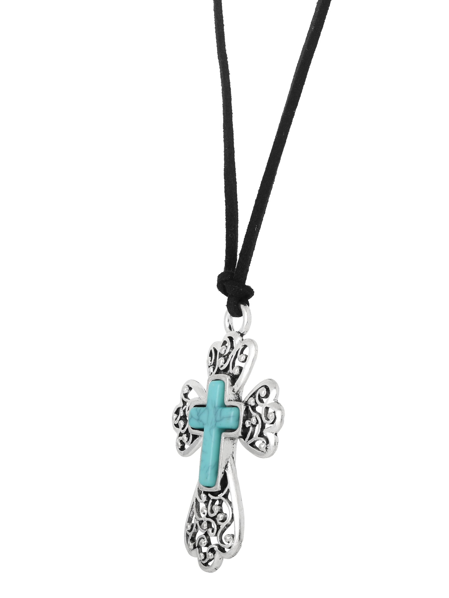 Jessica Simpson Women's Silver-Tone Cross Pendant Necklace with Turquoise Accent