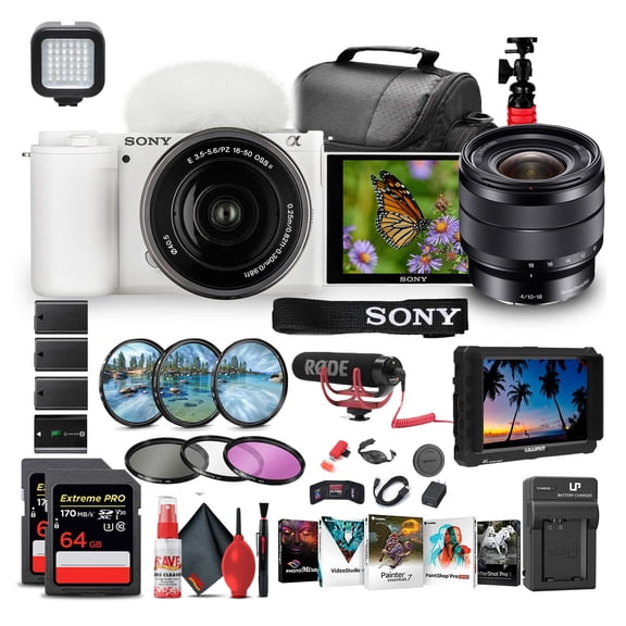 Sony ZV-E10 Mirrorless Camera with 16-50mm II Lens, White and E 10-18mm Lens   Creator Kit (International Model)