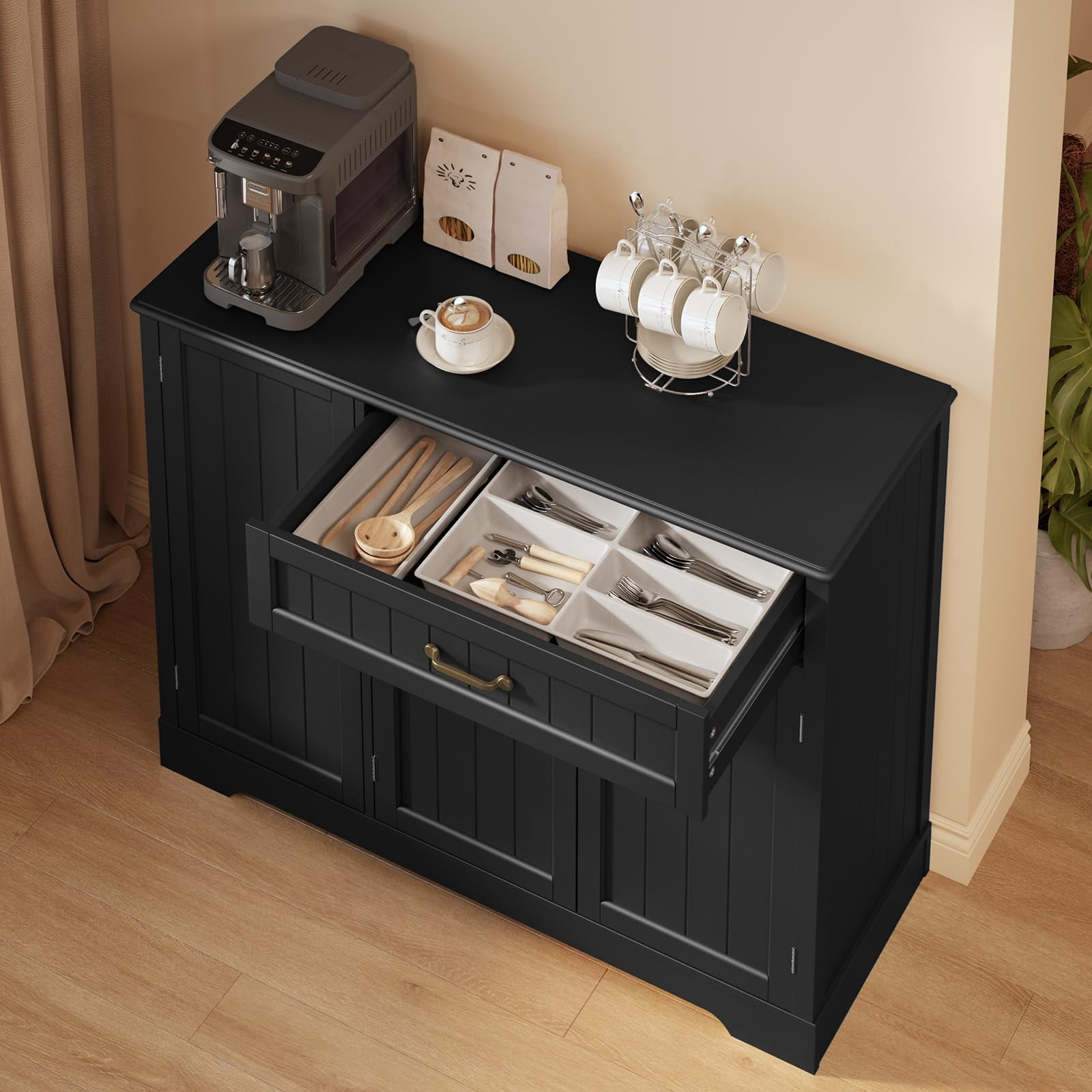 Coffee Bar Cabinet, Lofka 42" Farmhouse Kitchen Storage Sideboard Buffet Cabinet with 8 Shelves & 1 Drawer, Multifunctional Console Table for Dining Living Room Entryway Coffee Station, Black