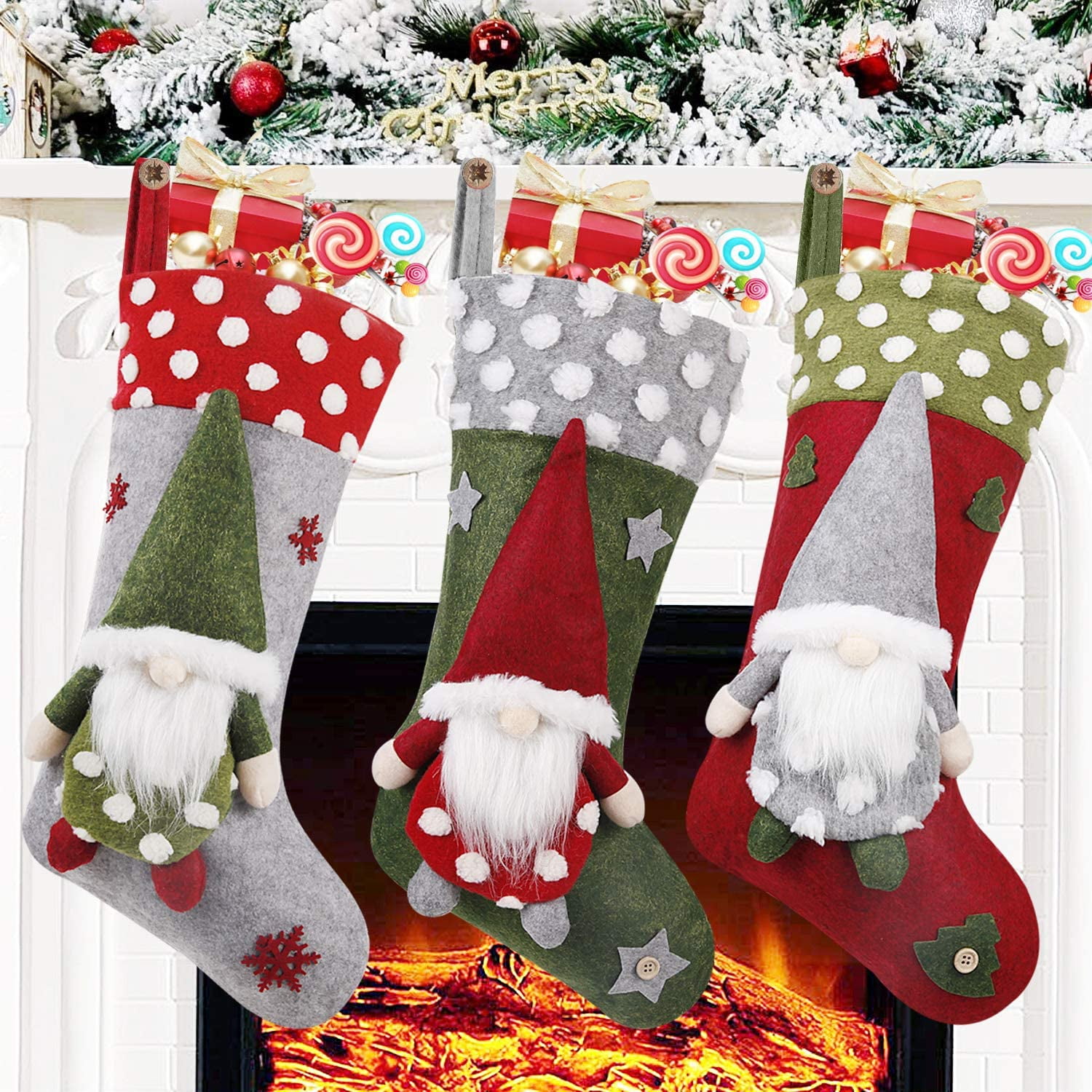 Burlap Christmas Stockings 18” Merry Christmas  3D Gnome Doll Stocking Holder 
