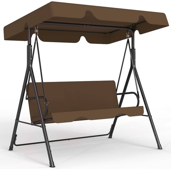 Outdoor Patio Swing Chair with Adjustable Canopy, Heavy-Duty Steel Stand for 3 Adults, Coffee Brown