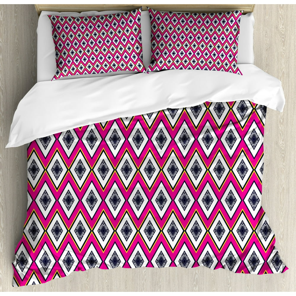 Geometric Duvet Cover Set King Size, Rhombus Pattern with Ethnic Motifs