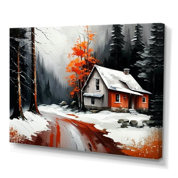 Designart Monochrome Orange Cottage In Winter IV Canvas Wall Art