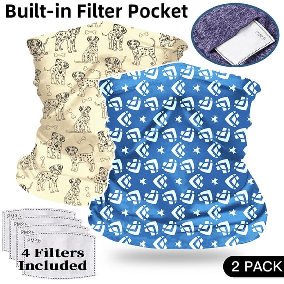 Kid Child Fashion Bandana Neck Gaiter with Filter Pocket Balaclava Cycling Neck Tube Scarf Boy Girl Biker Face Mouth Multifunctional Mask, 2 PACK - Spaceship & Dog Puppy - CLEANBREATHâ„¢
