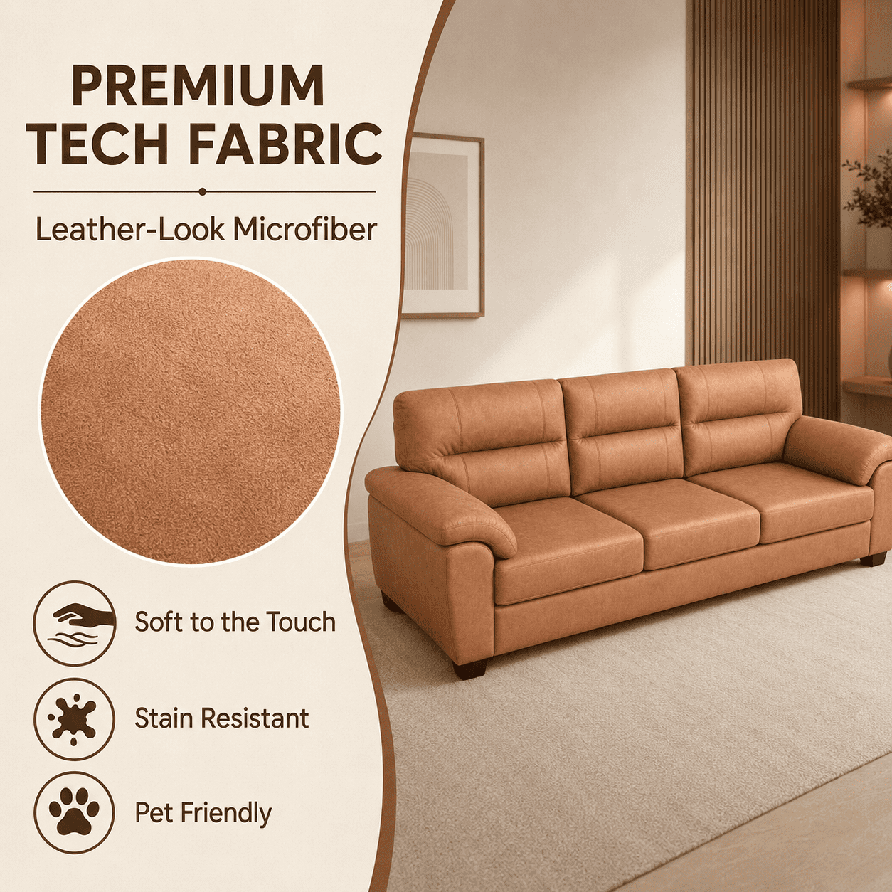 MOONMISS 84 Inch Mid-Century 3 Seater Sofa Tech Fabric Deep Plush Cushions Wide Armrests Pet Friendly Living Room,Brown