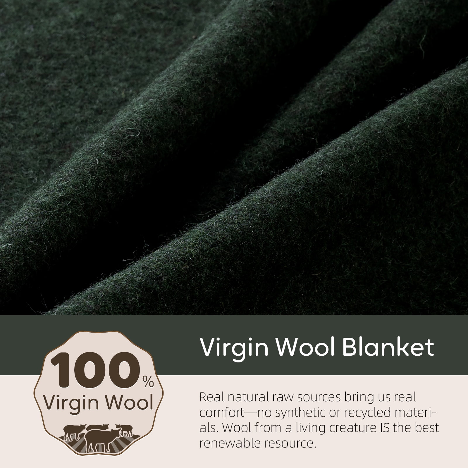100% Wool Blanket, 62" x 48", Warm, Thick, Washable, Military Wool Blanket, Great for Camping, Outdoors, Sporting Events, Survival Kits