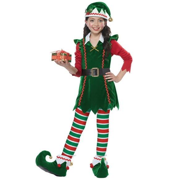 Festive Elf Child Girls Christmas Holiday X-Mas Costume Green Velvety LG 10-12