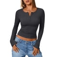 thumbnail image 2 of Camisetas de Larga para Mujer, Estilo Henley, Informales, para Otoño Tops Ajustados, Camisetas Básicas de Canalé Gris Oscuro M, 2 of 8