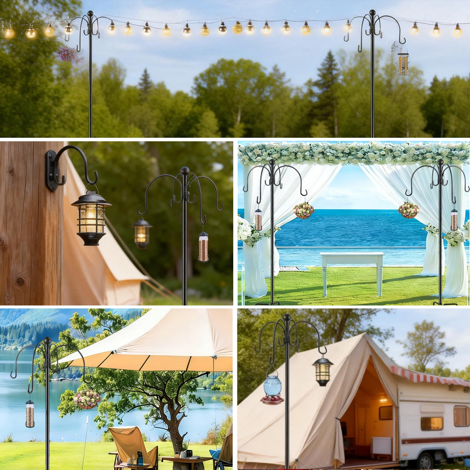 88" Heavy Duty Shepherds Hooks for Outdoor, 4-Hook Adjustable Bird Feeder Pole with Reinforced 5-Prong Base, Garden Hanger Stand for Hanging Plant, Hummingbird Feeder, Lantern, Solar Light