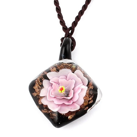 Unique Bargains Glass Pressed Flower Square Shape Pendant Necklace Neckwear Pink Black