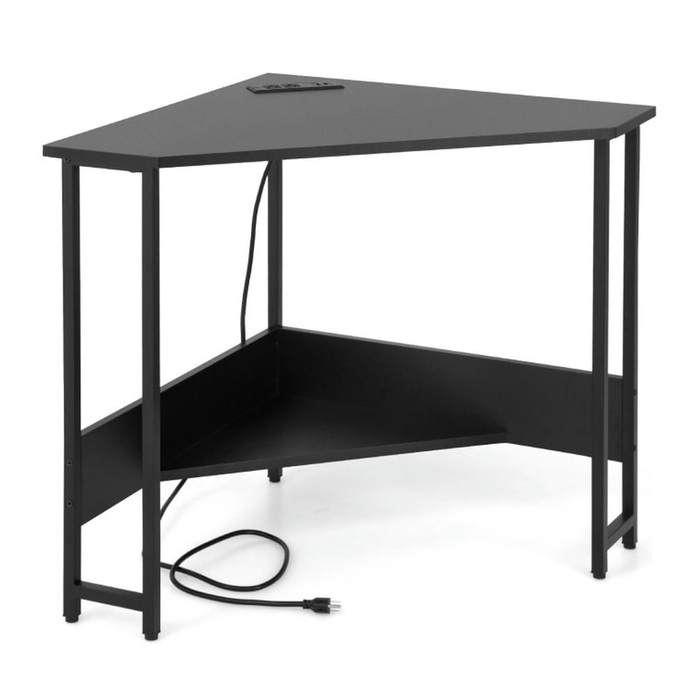 Demi Bonn Triangle Computer Corner Desk with Charging Station, Small Home Office Desk Study Writing Table, Black