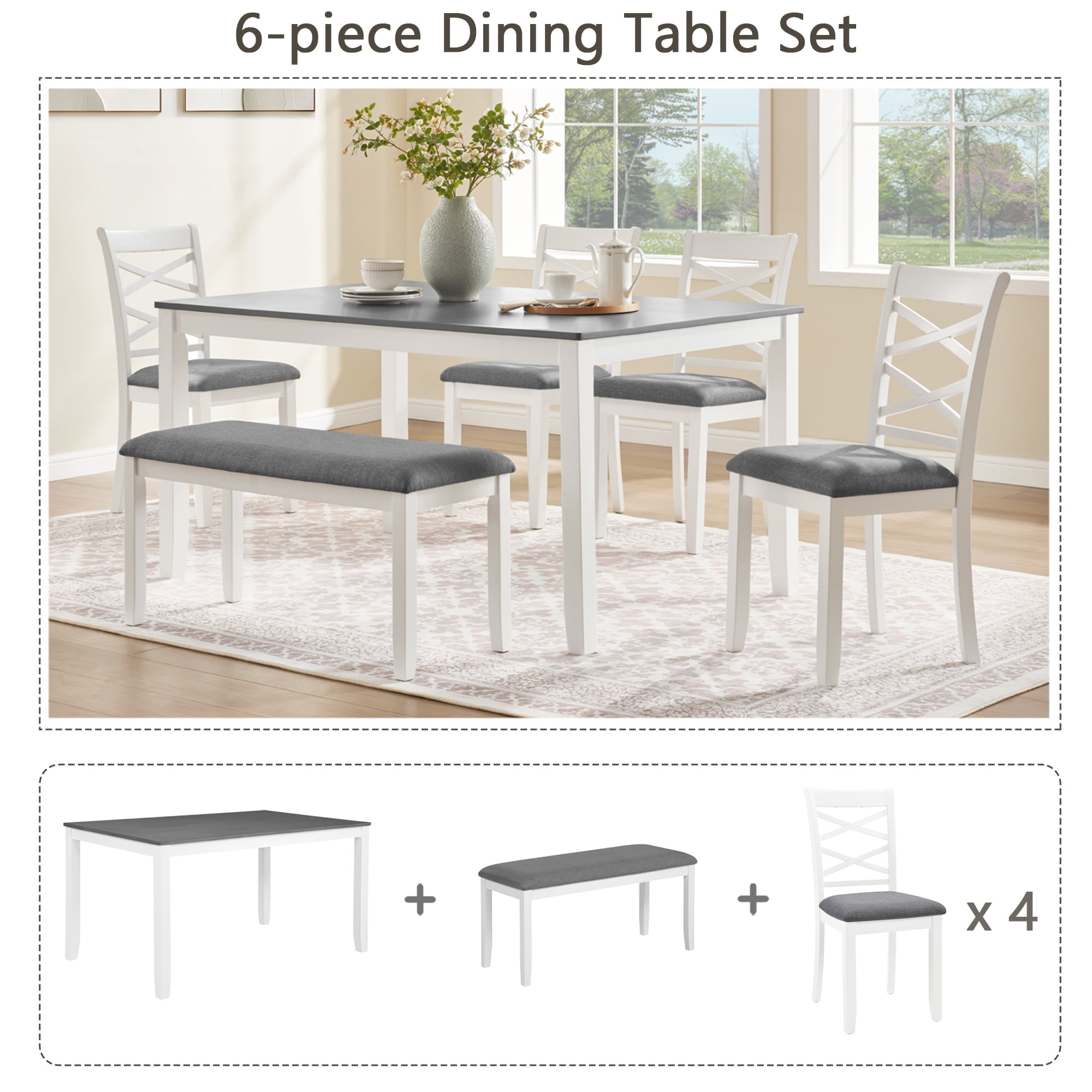 6-Piece Dining Table Set for 6, 58.5" Rectangular Dining Table with 4 Upholstered Chairs and Bench