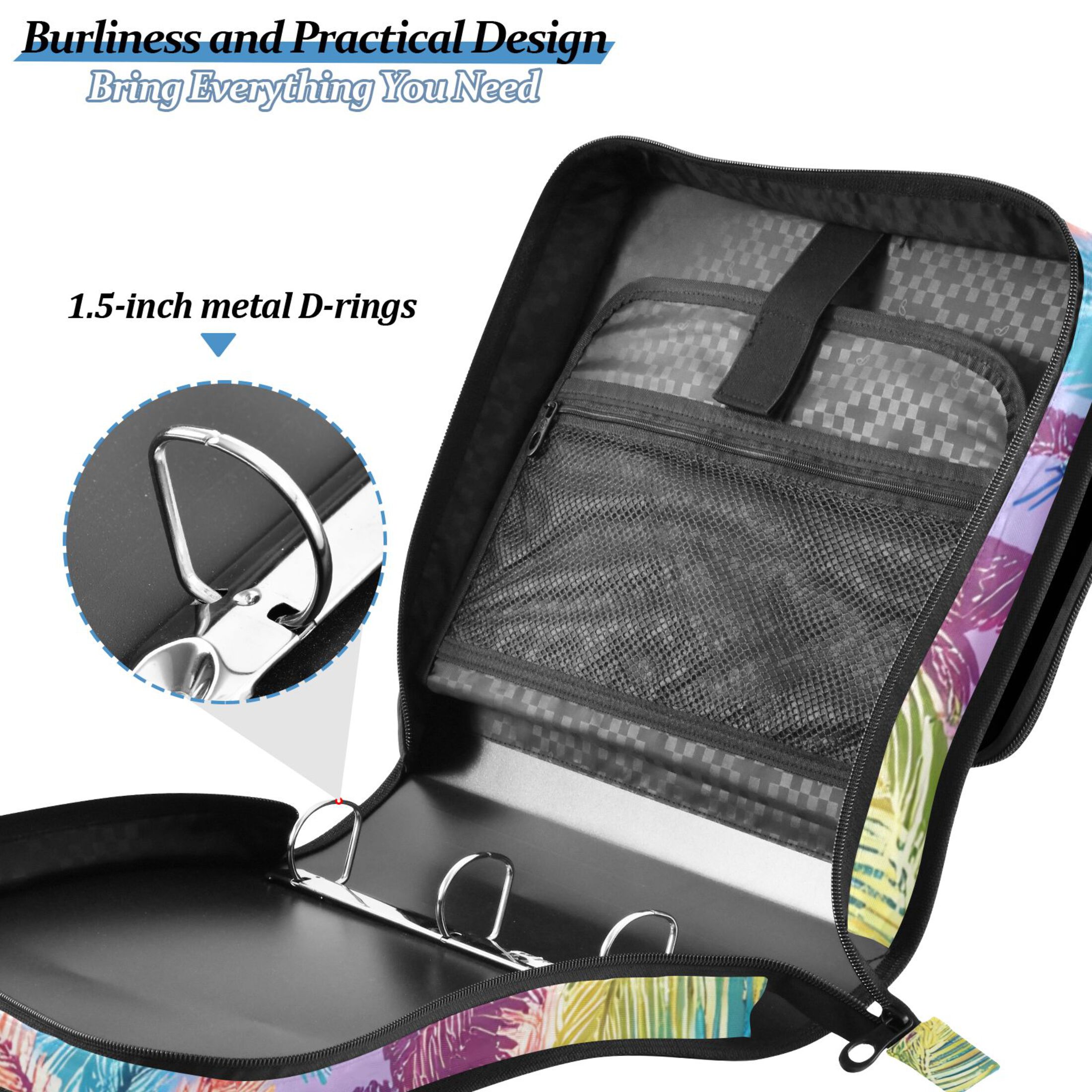 3 Ring Zipper Binder with Shoulder Strap Waterproof Trapper Keeper 2 Inch D-Ring 500 Sheets Capacity Colorful Palm Tree