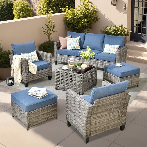 XIZZI 6-Pieces Wicker Patio Furniture Sets, Outdoor Furniture Sectional Sofa with ottomans, All-Weather Rattan Outdoor Conversation Set for Porch, Patio, Backyard-Denim Blue