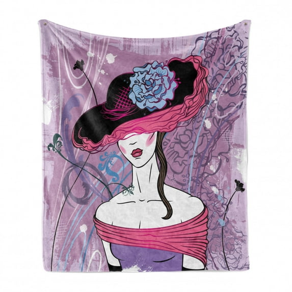 Grunge Soft Flannel Fleece Blanket, Noble Lady from the Past with Nostalgic Hat on Vintage Backdrop with Grunge Details, Cozy Plush for Indoor and Outdoor Use, 60" x 80", Pink Purple, by Ambesonne
