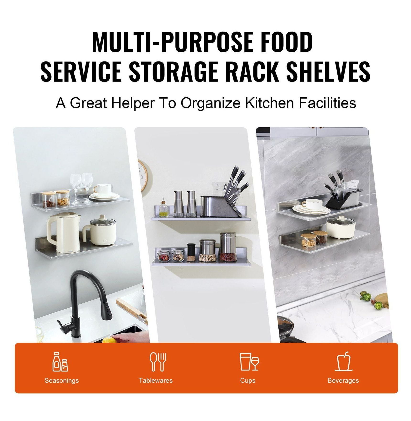 Stainless Steel Shelf 8.6" x 24", Wall Mounted Floating Shelves with Backsplash, 44 lbs Capacity, Heavy Duty Storage for Restaurant, Bar, Home (2 Pack)