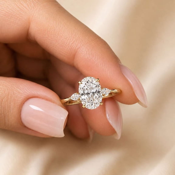 vylahjewellery Three Stone Oval Engagement Ring, Yellow Gold Vermeil Wedding Ring, Moissanite Diamond Solitaire Ring, Pear Side Stone Proposal Ring