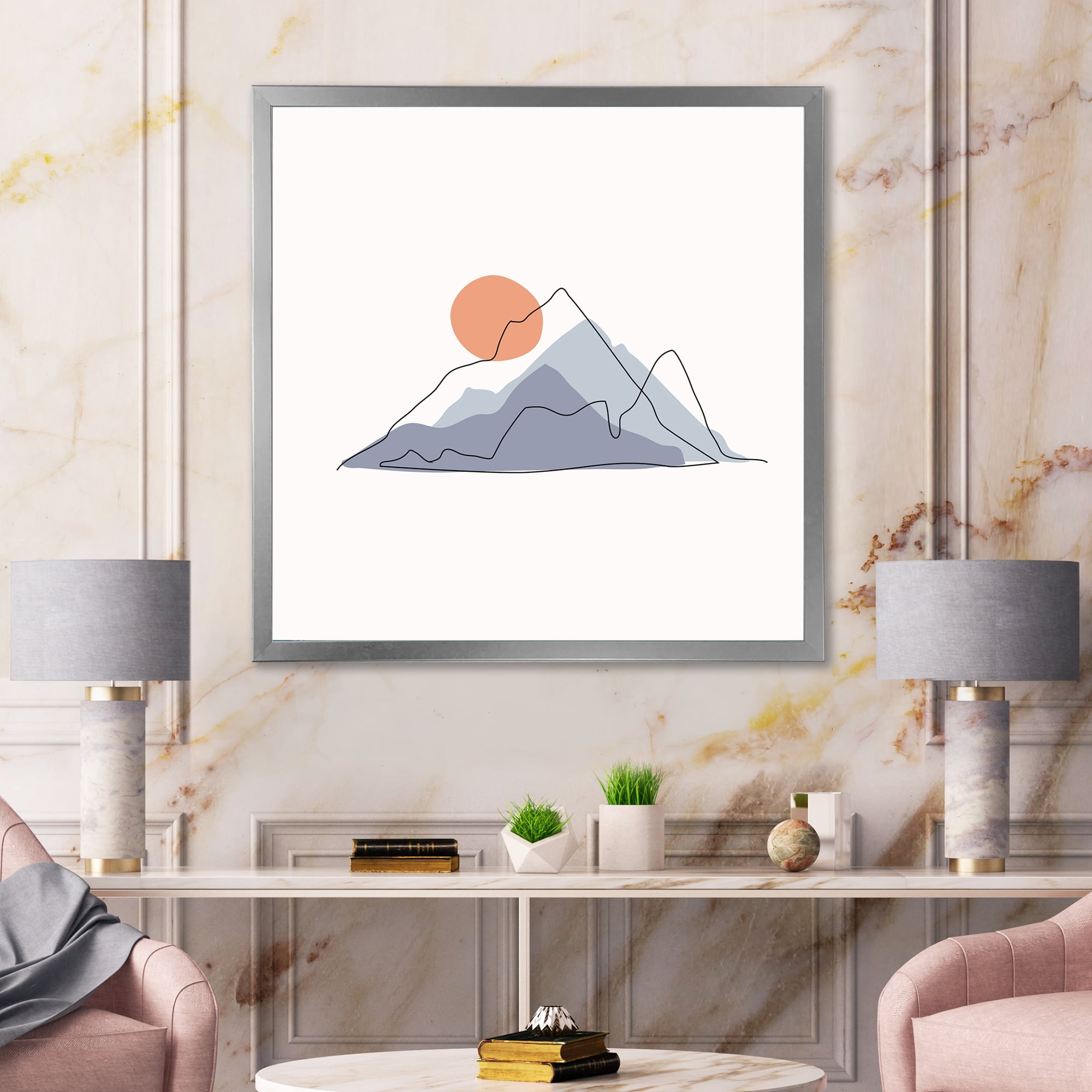 Designart 'Abstract Red Moon With Mountainscape' Modern Framed Art Print