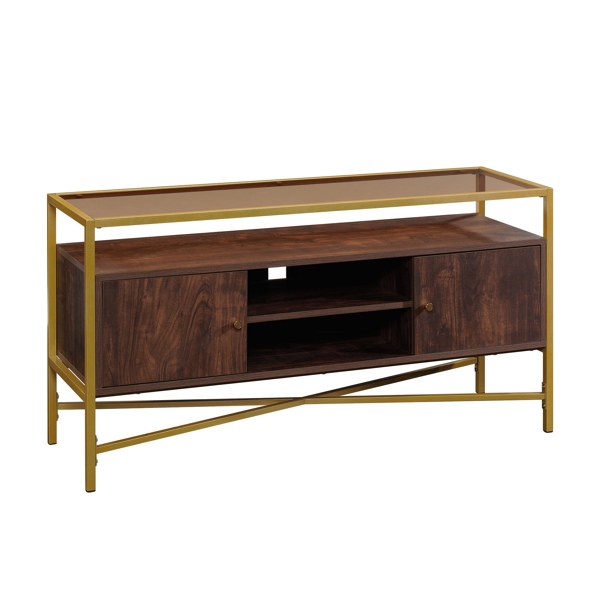 Sauder Curiod Glass Top Gold Metal TV Stand Credenza for TVs up to 55", Rich Walnut Finish