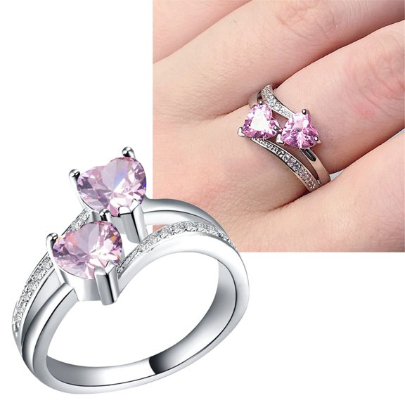 YYKihy Women's Zircon Ring Double Heart Shaped Gemstone Platinum Plated Copper Ring Jewelry