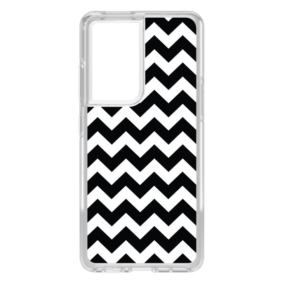 DistinctInk Clear Shockproof Hybrid Case for Galaxy S21 ULTRA 5G (6.8" Screen) - TPU Bumper, Acrylic Back, Tempered Glass Screen Protector - Black & White Chevron Stripes - Chevron Stripes