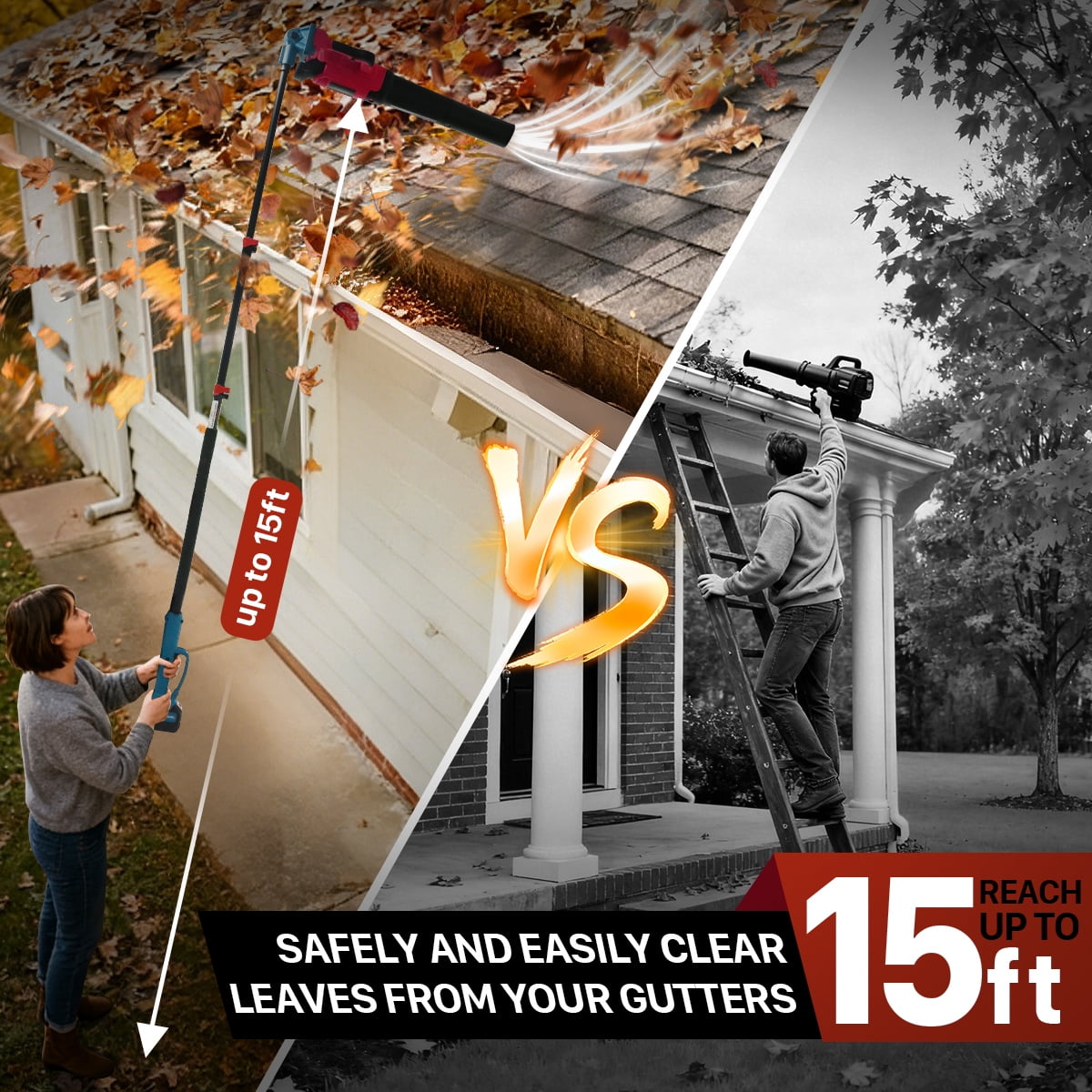 The JOVANT 2-in-1 cordless pole leaf blower extends up to 15.3 feet, with an airflow of 615 CFM and 6 speed settings. It includes two 4.0Ah batteries and a charger. Suitable for clearing leaves, roof