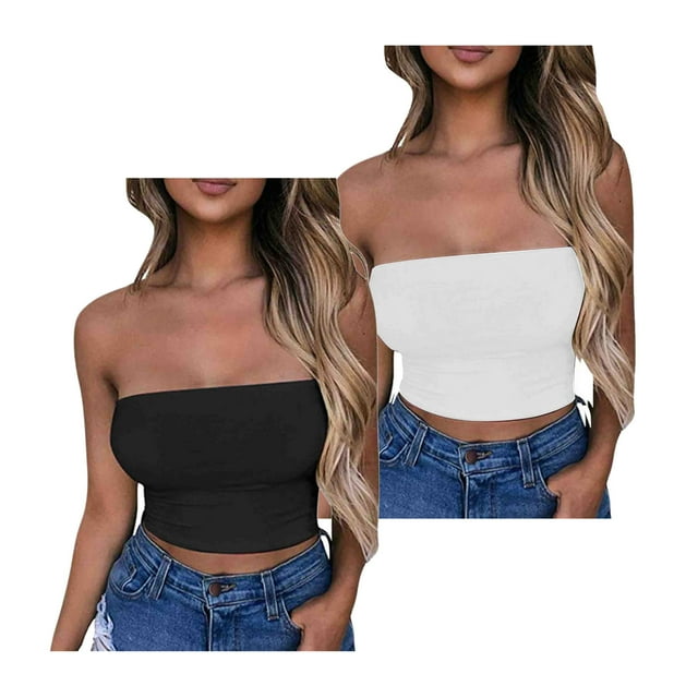 Timegard Womens 2pc Tube Tops Built in Bra Strapless Solid Color Crop Top Basic Undershirts Everyday Bras