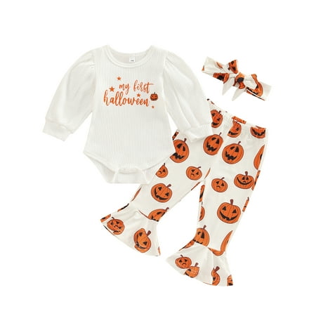 

Baby Girls Halloween Romper Set Round Neck Long Sleeve Letter Printed Romper + Pumpkin Printed Flare Pants + Headband