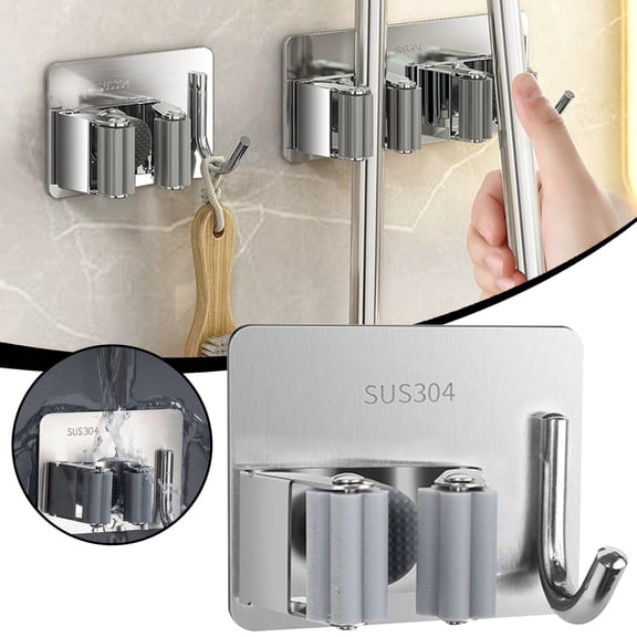 Mop and Broom Holder Wall Mount,Broom Holder Door Mount, Over the Door Broom and Mop Holder,Heavy Duty Self-Adhesive Organizer for Kitchen, Laundry, Garage, Garden Storage