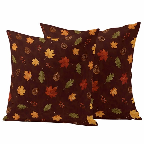Brown Thanksgiving Outdoor Waterproof Pillow Covers, Farmhouse Retro Maple Leaves Cones Decorative Square Throw Pillowcase Sofa Cushion Sham for Patio/Couch/Chair, 20"x20" 2 Pack