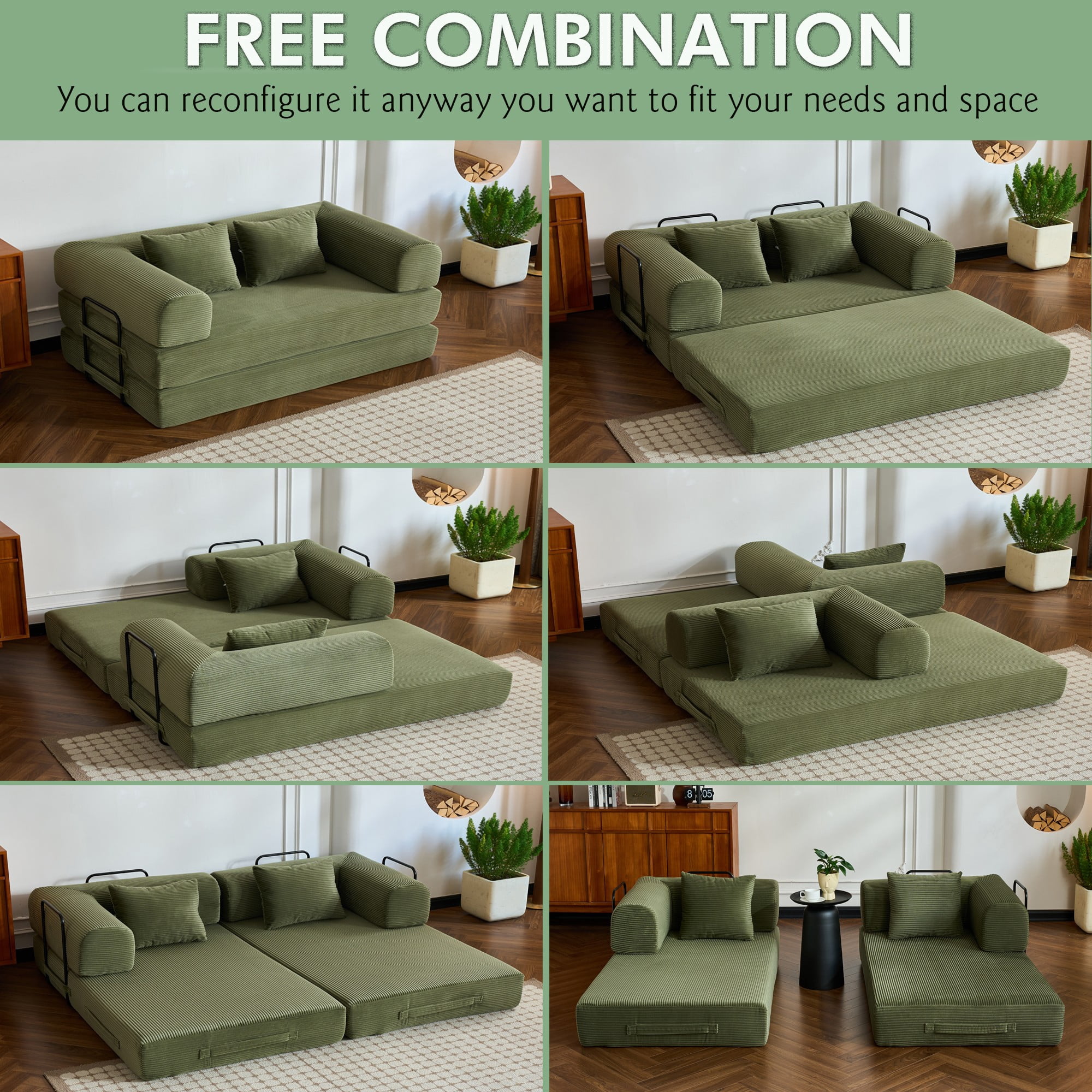 BSHTI 59" Corduroy Convertible Sleeper Sofa Bed with Cylindrical Pillow, No Assembly, Small Space for Living Room（Green）