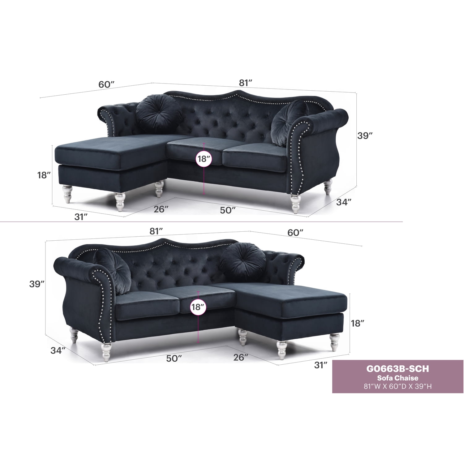 Glory Furniture Hollywood Velvet Sofa Chaise in Black