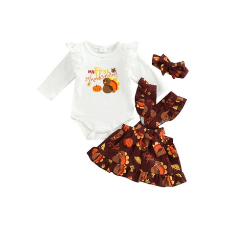 

GuliriFei Baby Girls My 1st Thanksgiving Day Outfit Letter Turkey Print Long Sleeve Romper+ Suspender Skirt+ Headband 3pcs Clothes Set