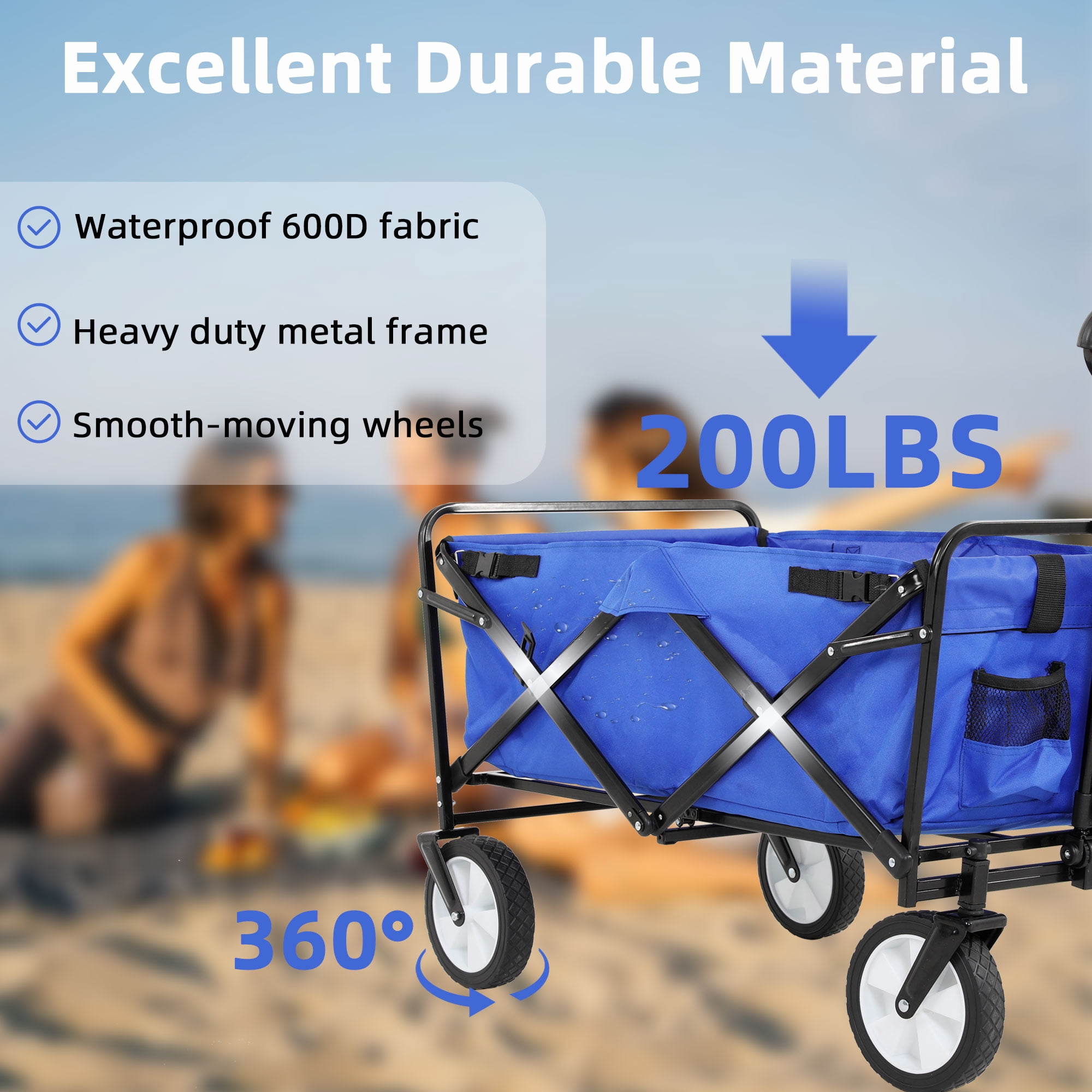 YRLLENSDAN Folding Wagons and Carts, Collapsible Wagon, Grocery Wagon with Wheels, Portable Wagon Outdoor, All-Terrain Utility Wagon for Camping Beach Sports, 200lb Heavy Duty Wagon, Blue
