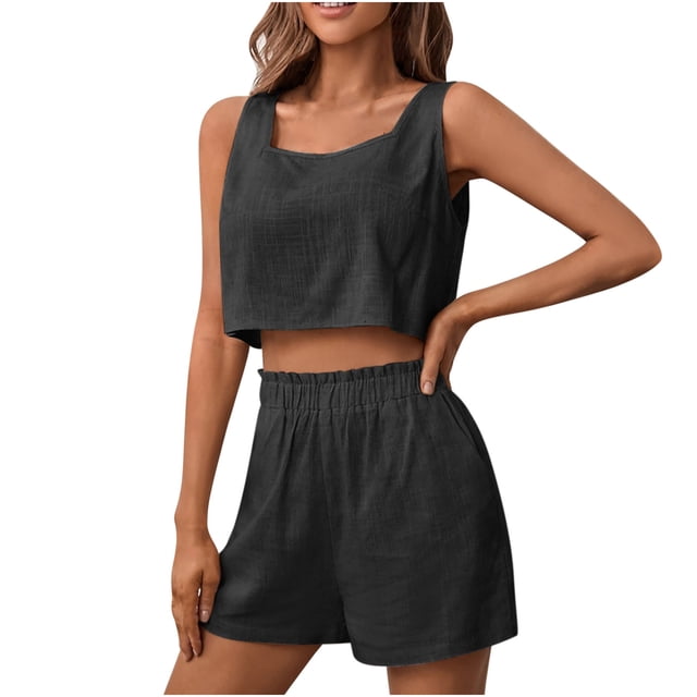 Womens 2 Piece Outfits Lounge Matching Sets Cotton Linen Shorts Open Back Crop Tops Trendy Clothes Summer Vacation Set