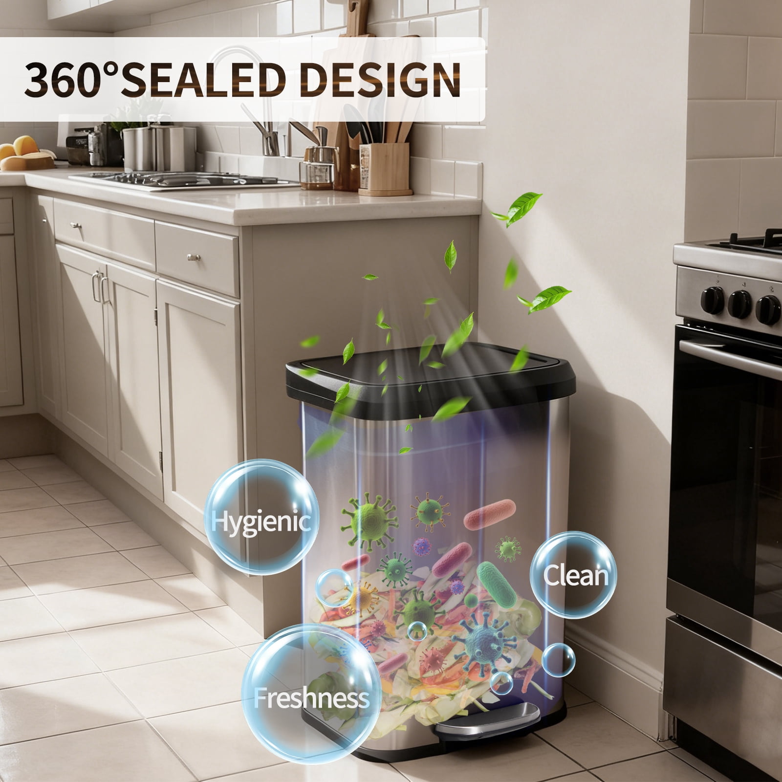 21 Gallon Dual Compartment Trash Can with Lid, 80L Stainless Steel Recycling Bin with Soft Close Lid & Step Pedal, Large Garbage Can for Kitchen, Home, Silvery