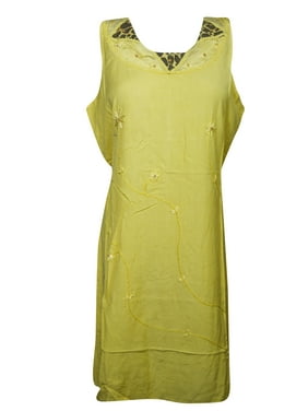 Mogul Womens Tank Dress Yellow Embroidered Sleeveless Cover Up Beach Dress Rayon Comfy Sundress