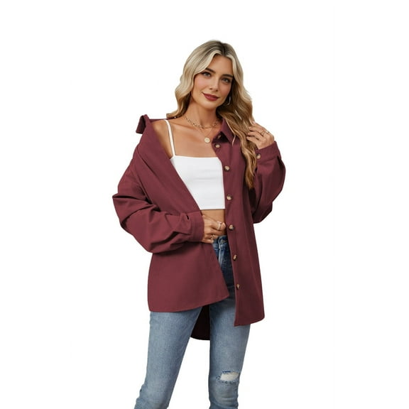 Corduroy Button Down Shirts for Women Dressy Casual Long Sleeve Loose Fit Shacket with Pocket Claret L