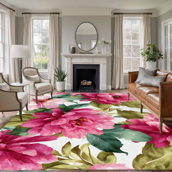 Large Area Rugs for Living Room Bedroom, Pink Floral 6'x9' Rug Washable Carpet Runner Indoor Outdoor, Watercolor Flowers Leaves Plants Watercolor Non Slip Floor Mats Rug for Kitchen, Playroom
