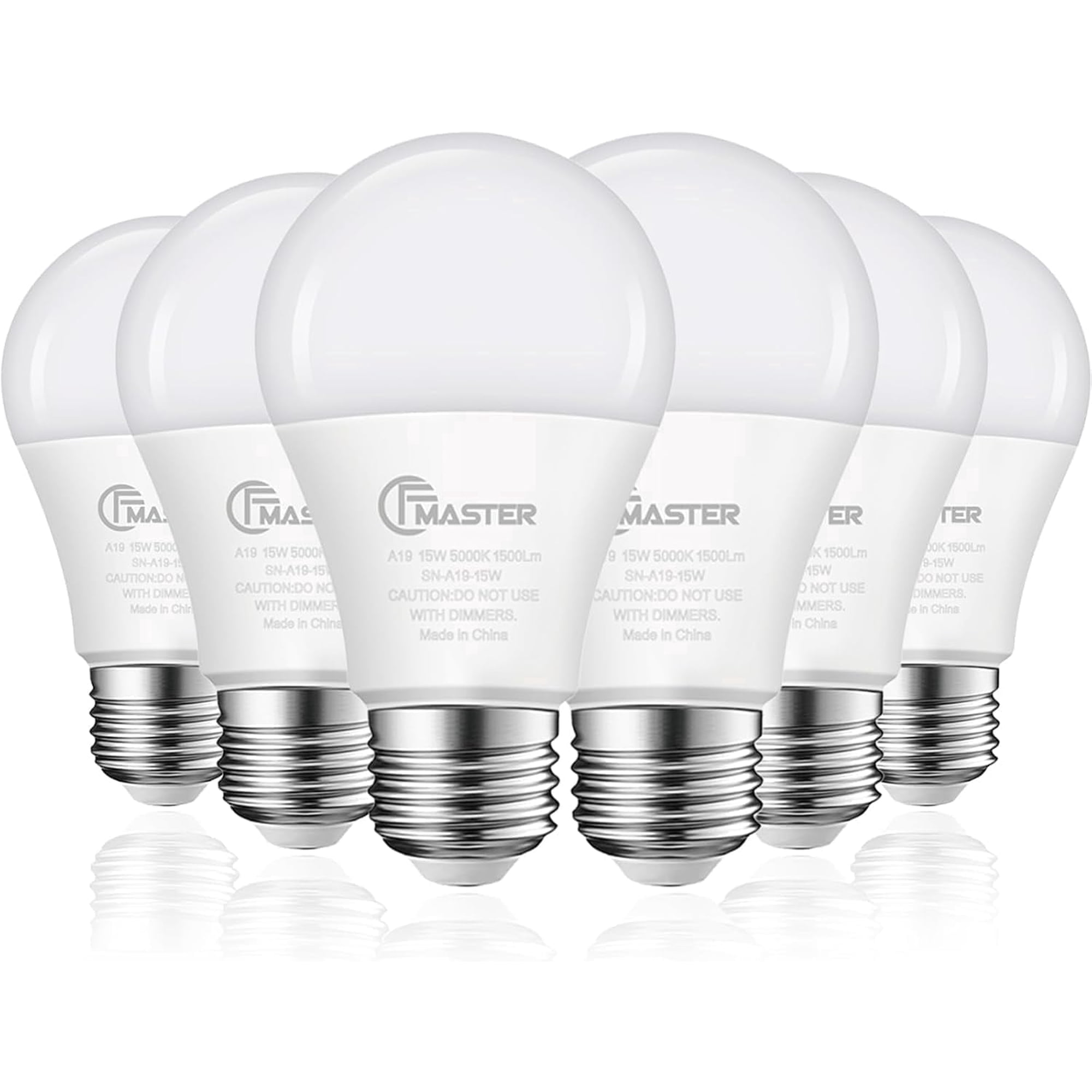 Plug'n A19 LED Bulbs, 100W Equivalent, 15W 5000K Daylight, 1500 Lumens, Non-Dimmable, E26 Base, Indoor Outdoor, Etl Listed, 6-Pack