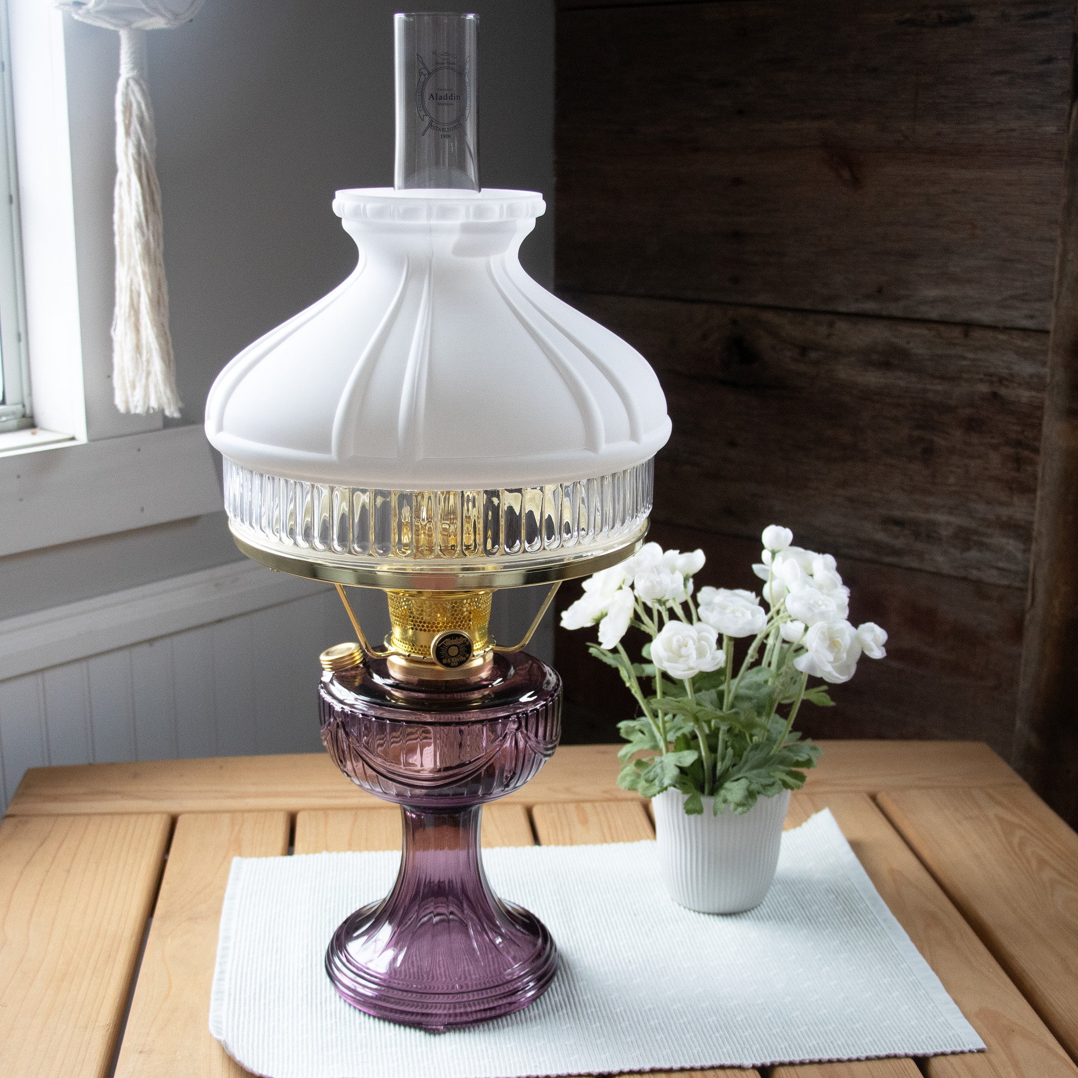 Aladdin Amethyst Lincoln Drape Table Oil Lamp with White Glass Shade, Brass