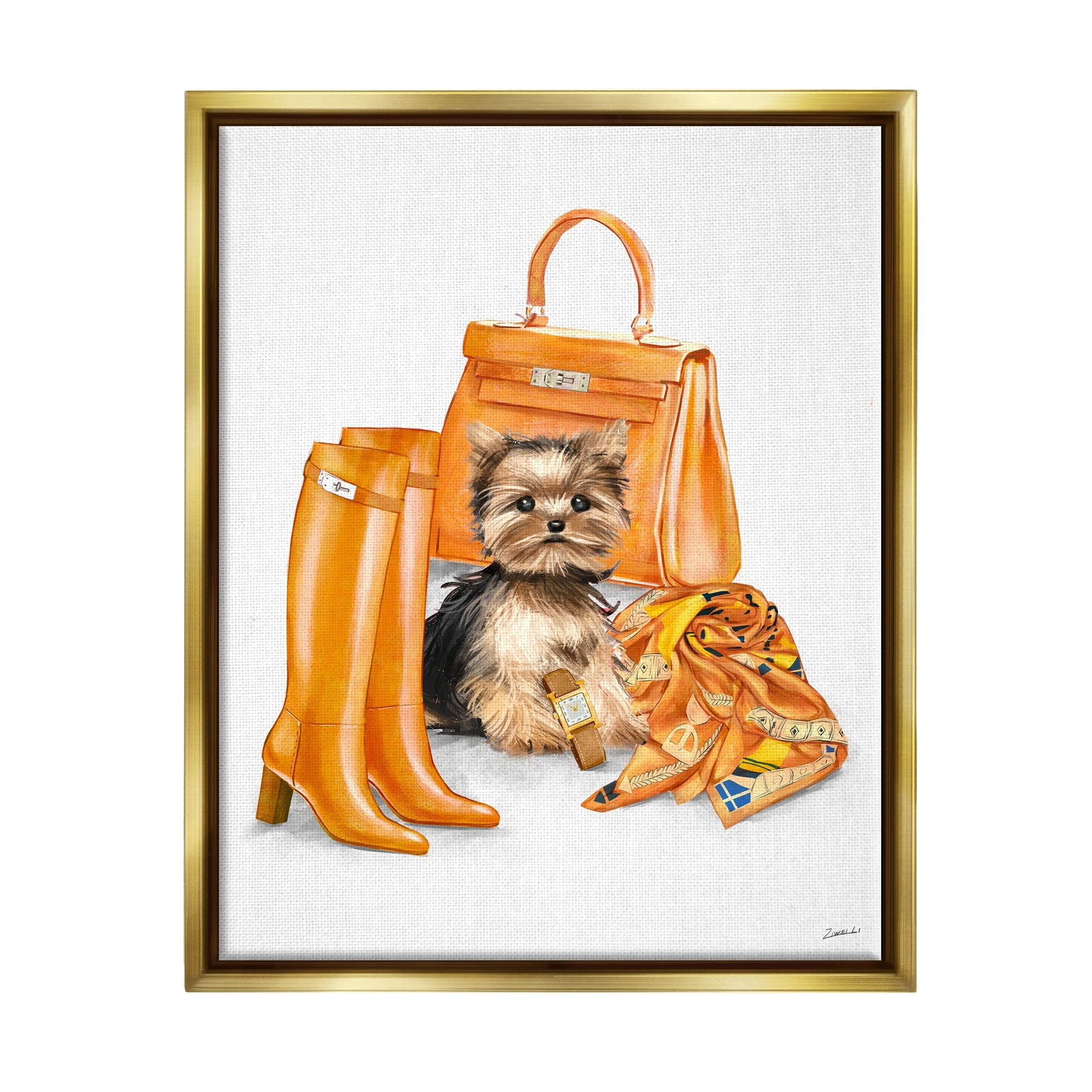 Stupell Industries Orange Yorkie Puppy Dog Fashion Purse Accessories Metallic Gold Framed Floating Canvas Wall Art, 16x20, by Ziwei Li