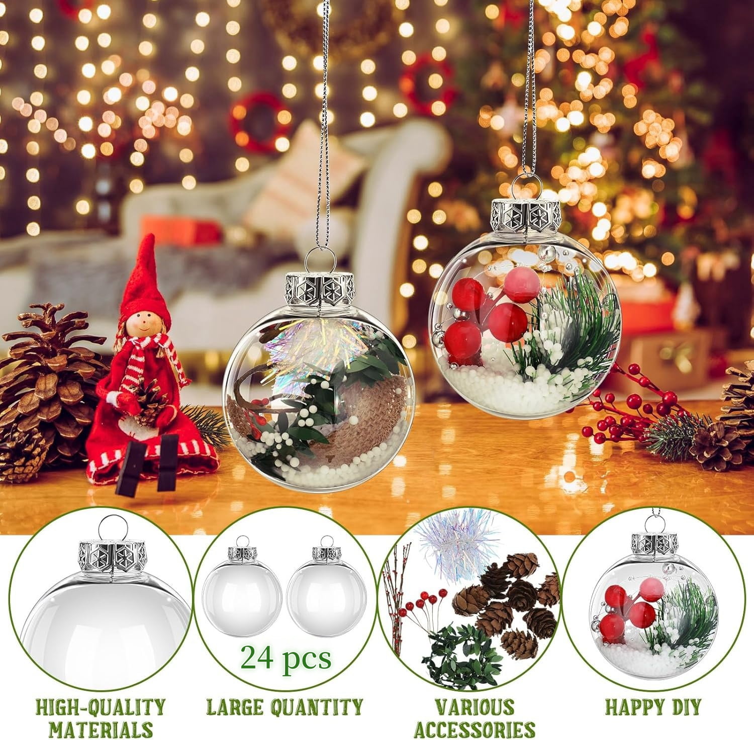 Clear Plastic Ornament Balls,DIY Fillable Christmas Balls,24 Pcs 3.15 inch Hanging Ornaments Round Balls with Removable Top for Halloween,Christmas,Birthday,Wedding,Party,Xmas Tree Decor