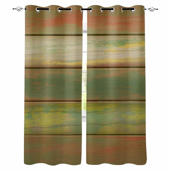 Sage Green Brown Blackout Curtains for Bedroom/Living Room, Thermal Insulated Kitchen Curtains, Country Vintage Ombre Wooden Grain Grommet Darkening Window Treatment Drapes 52"x72"x2